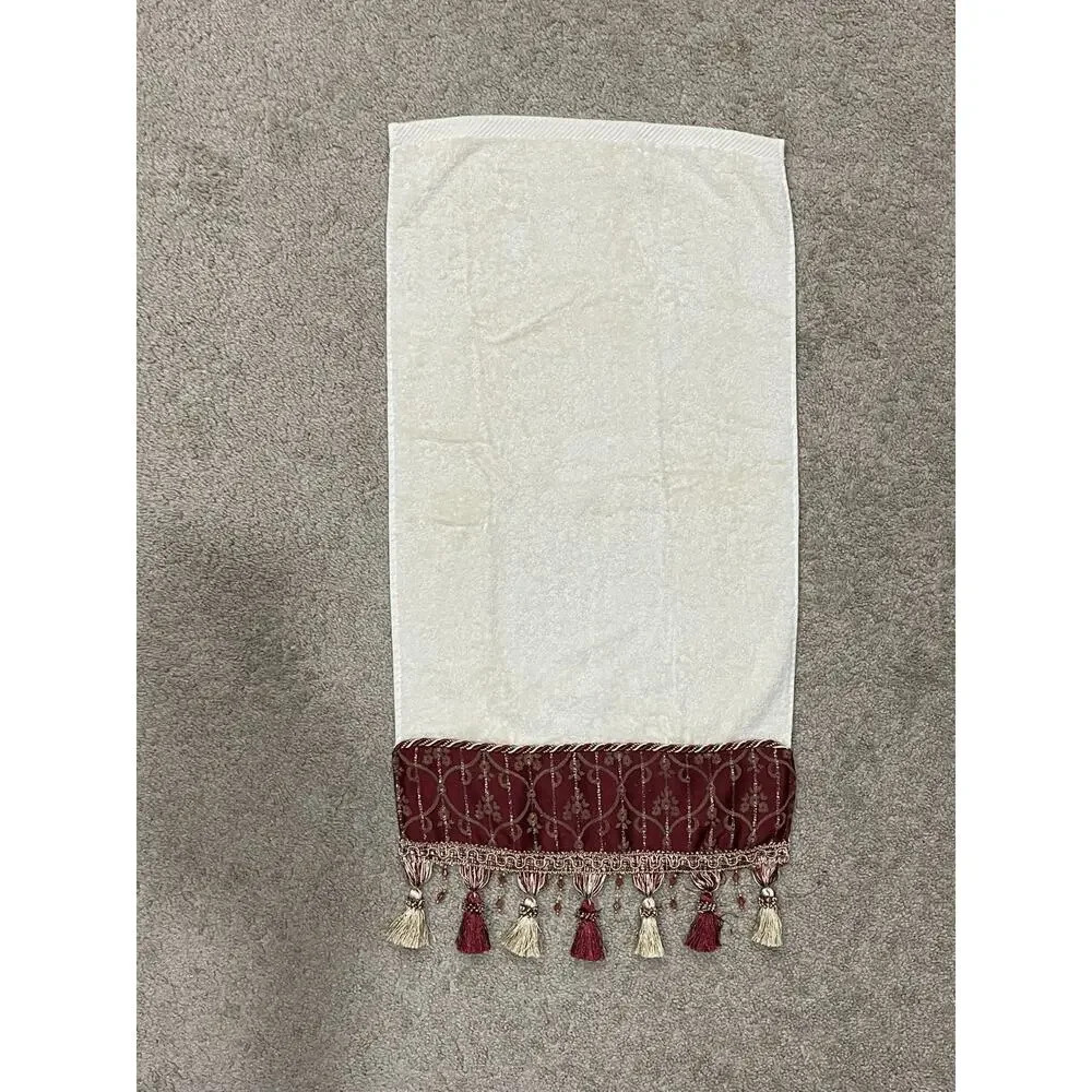 Croscill Burgundy Gold Hand Bath Towel Set Tassel Fringe Bead Damask Decorative